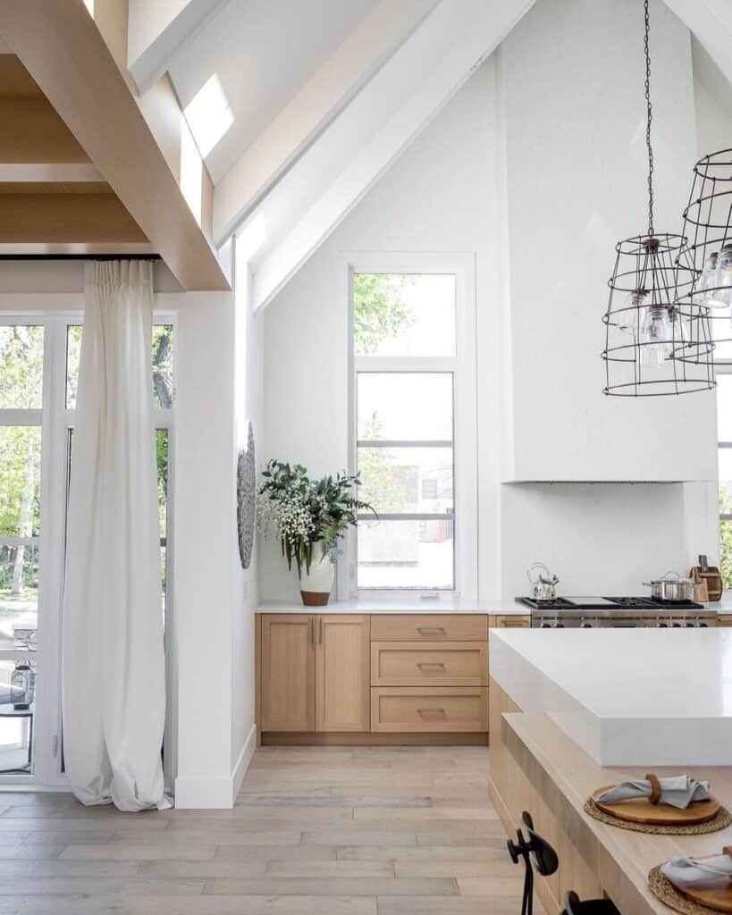 White and Wood Vaulted Ceiling Kitchen Cabinets