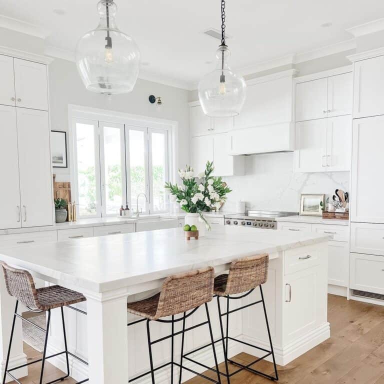 Wicker Bar Stools in White Kitchen