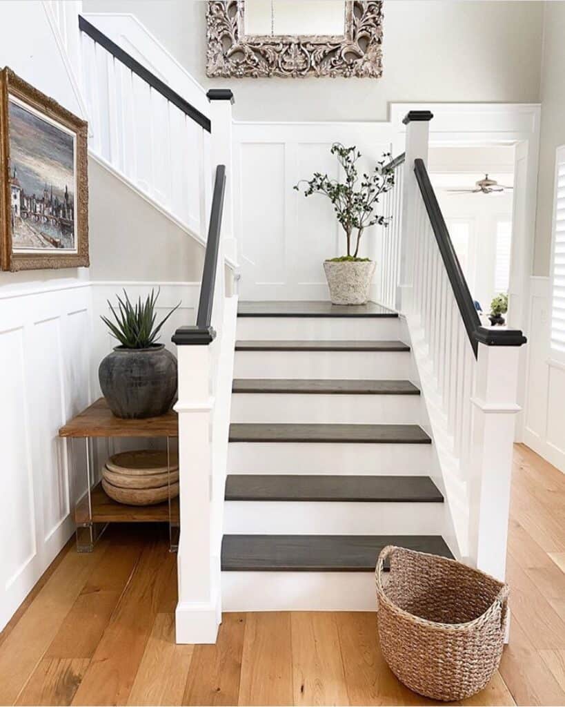 Wicker Basket at Base of Black and White Staircase