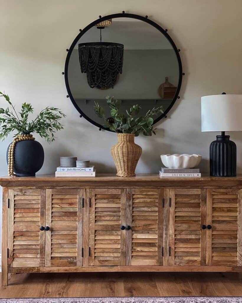 Wicker Vase on Wood Sideboard in Entryway