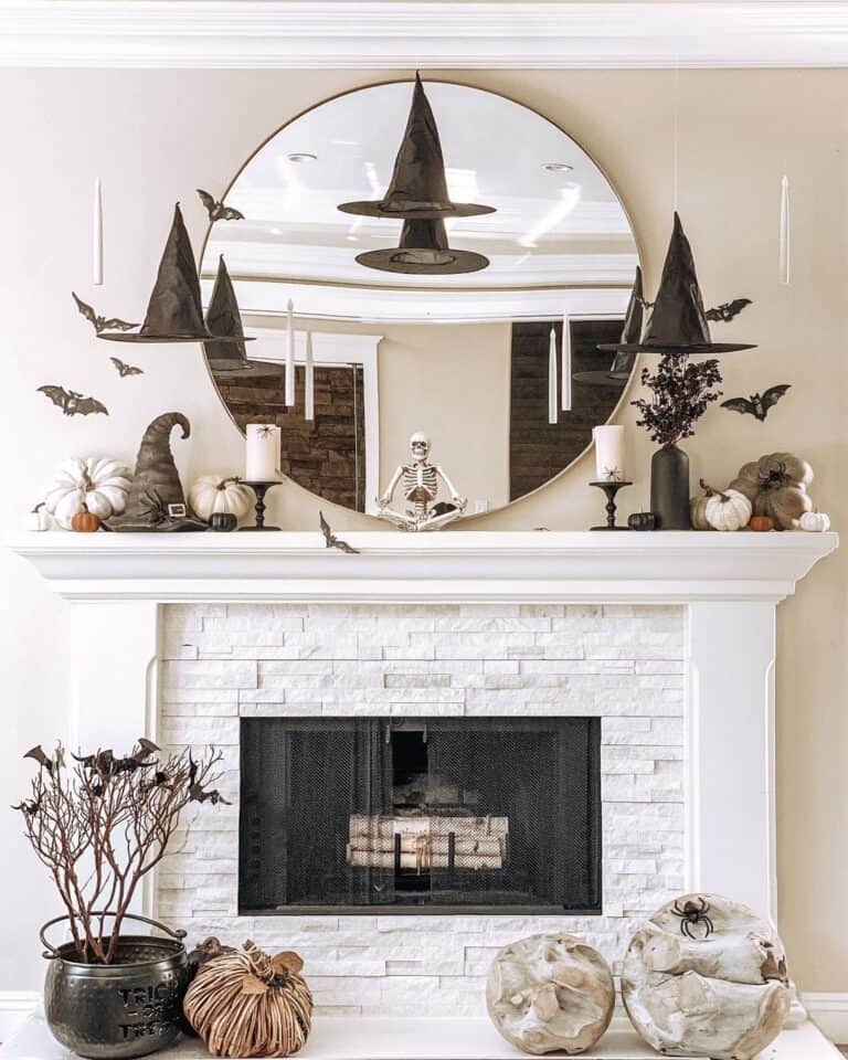 Witches Hats Above Stacked Stone Fireplace