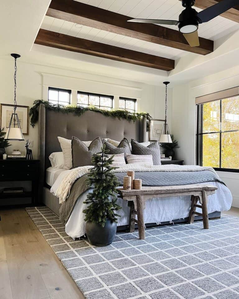 Wood Beam Tray Ceiling Over Bed