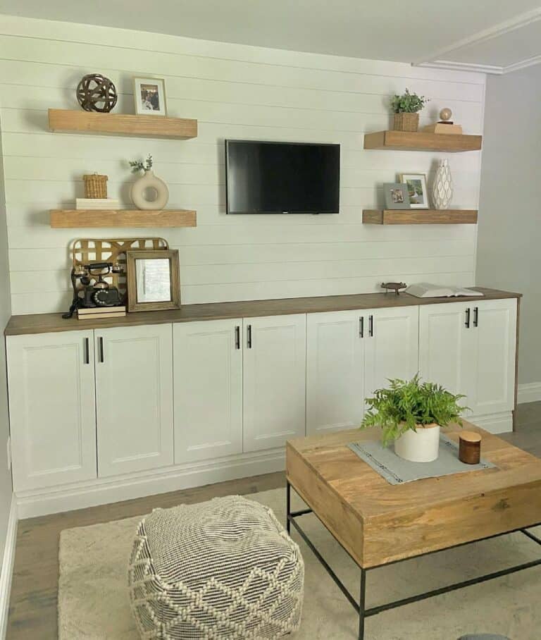 Wood Block Coffee Table and a Black and White Pouf