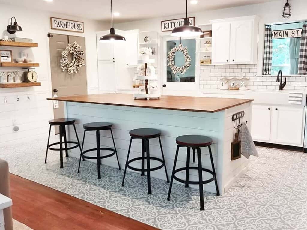 Wood Countertop on White Shiplap Kitchen Island