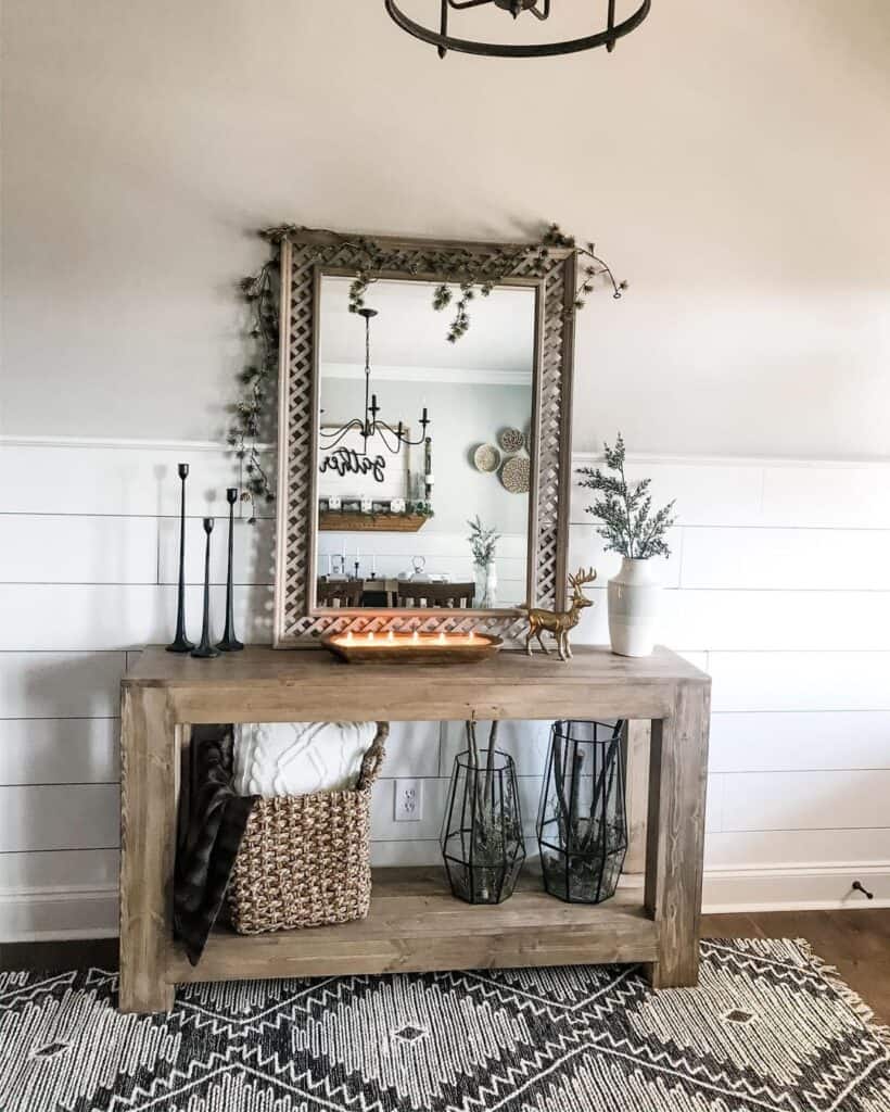 Wood Entryway Console Against Shiplap Half Wall