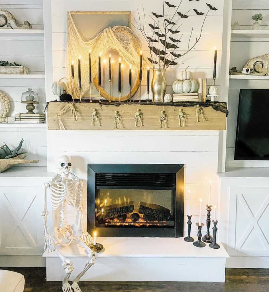 Wood Fireplace Mantel Display with Skeletons