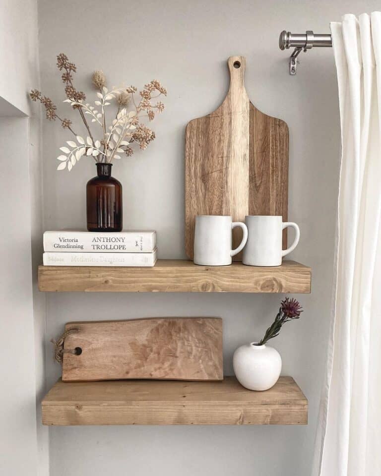 Wood Floating Shelves with White Accents