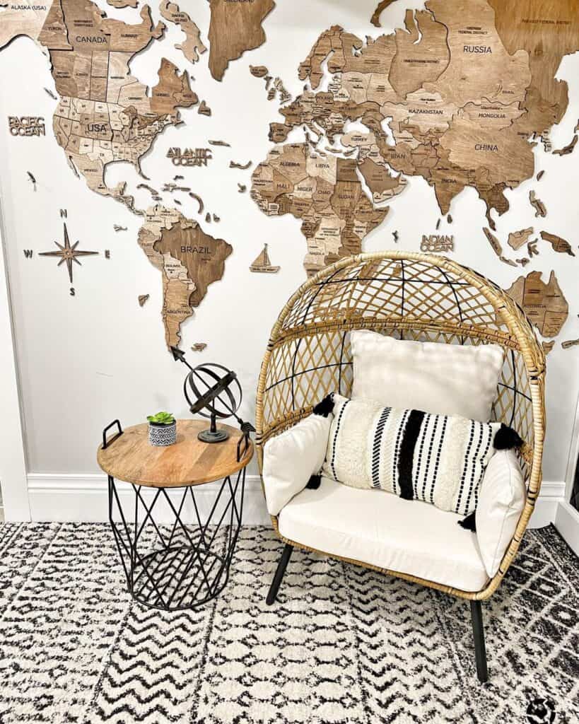Wood Map Accent Wall and Patterned Rug