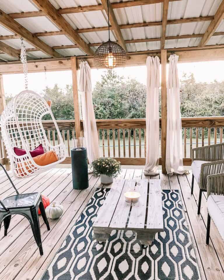 Wood Porch and Railing with White Drapes