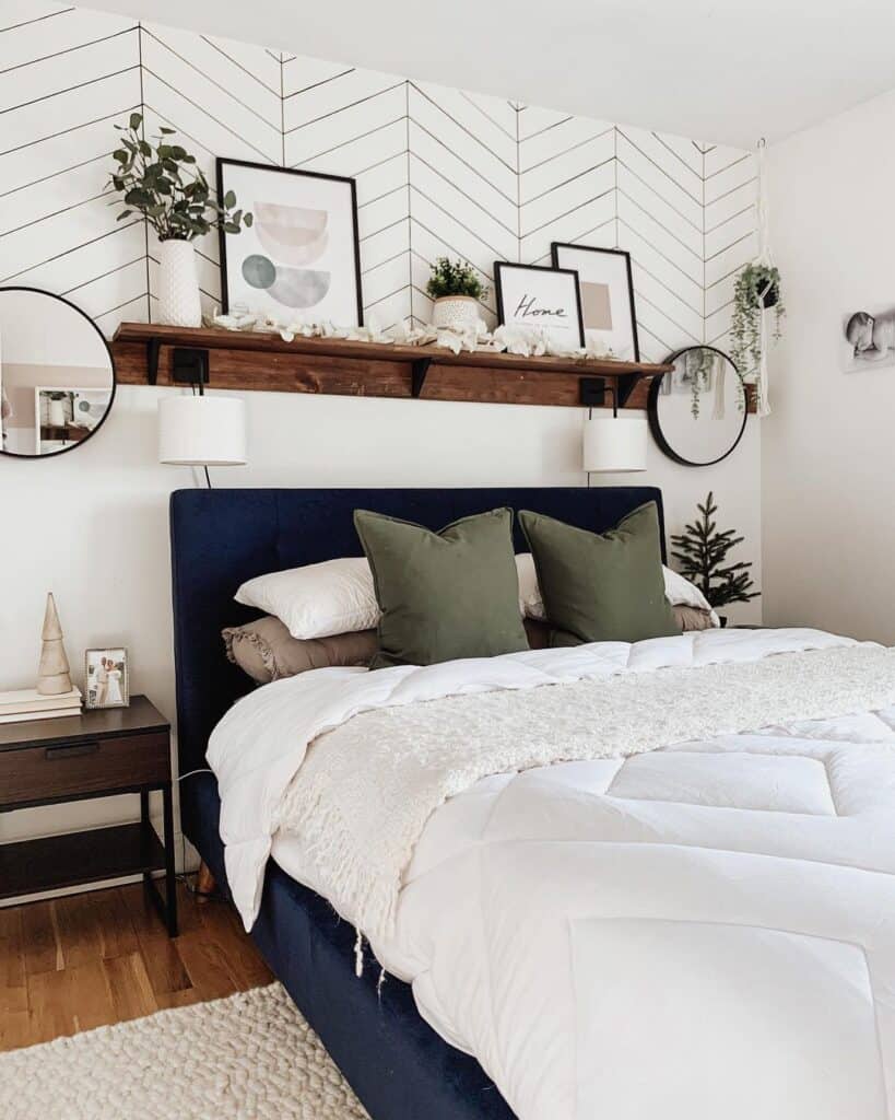 Wood Shelf Over Navy Blue Bedframe