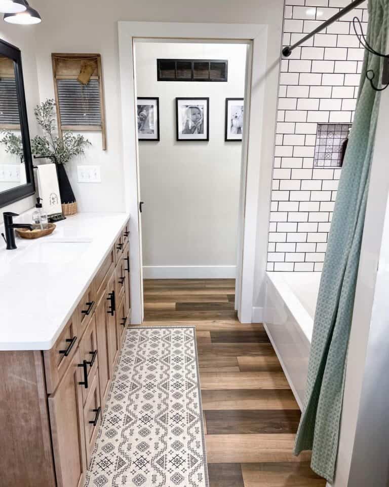 Wood Vanity with Patterned Floor Mat