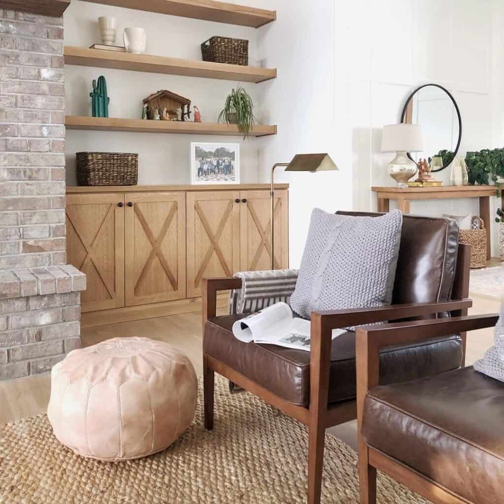 Wood and Brown Leather Chairs for Living Room