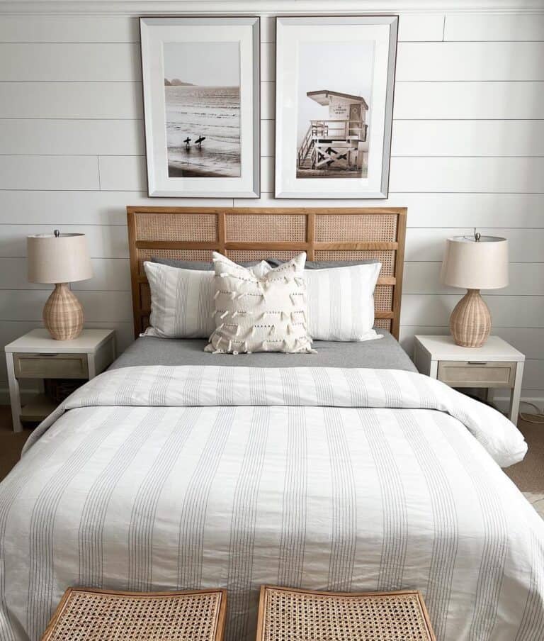 Wood and Cane Webbing Bed Against Shiplap