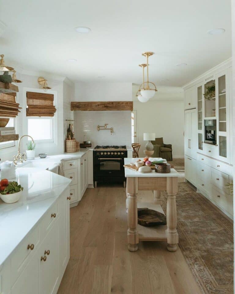 Wood and White Toned Kitchen with Brass Hardware