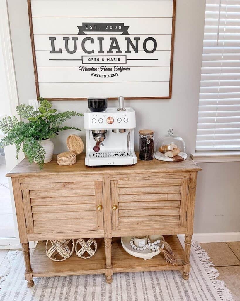 Wooden Coffee Station Table with Farmhouse Décor