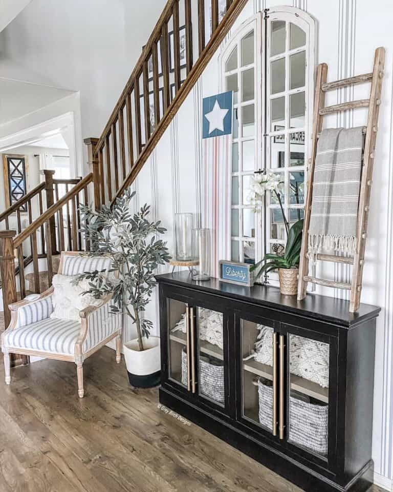 Woven Baskets Inside Sideboard With Glass Doors