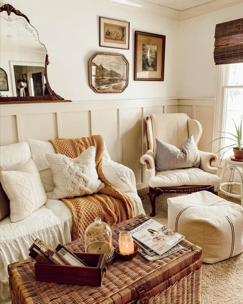 A Beige Square Living Room Pouf on a Beige Carpet