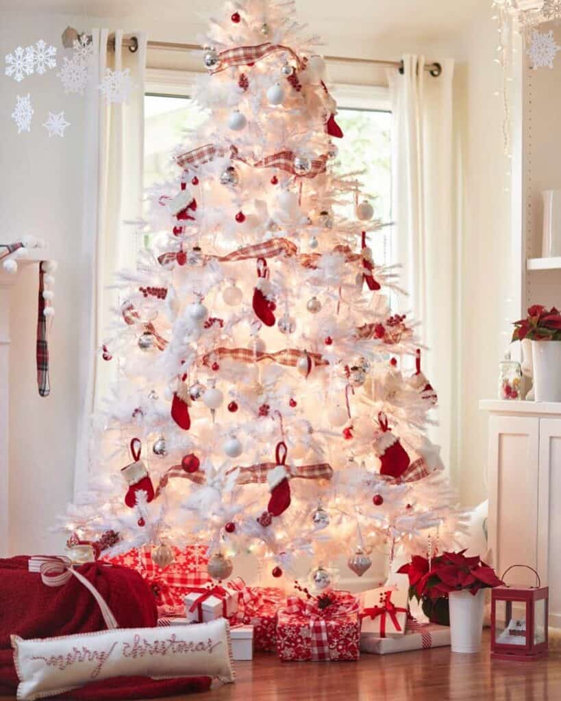 All-White Tree with Red Ornaments and Presents