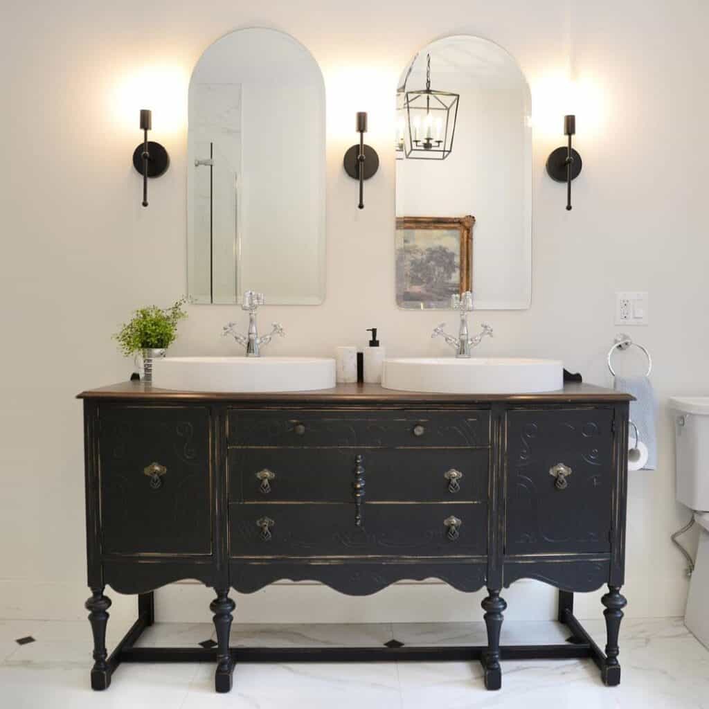 Antique Double Vanity with Two Frameless Mirrors