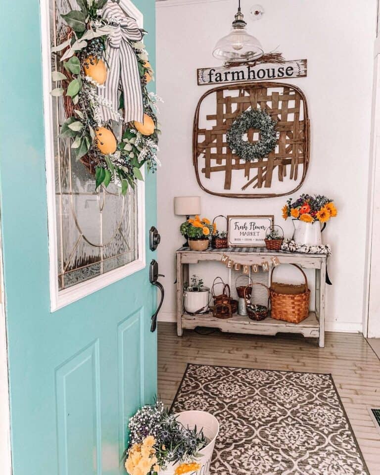 Aqua Door to Rustic Farmhouse Entryway