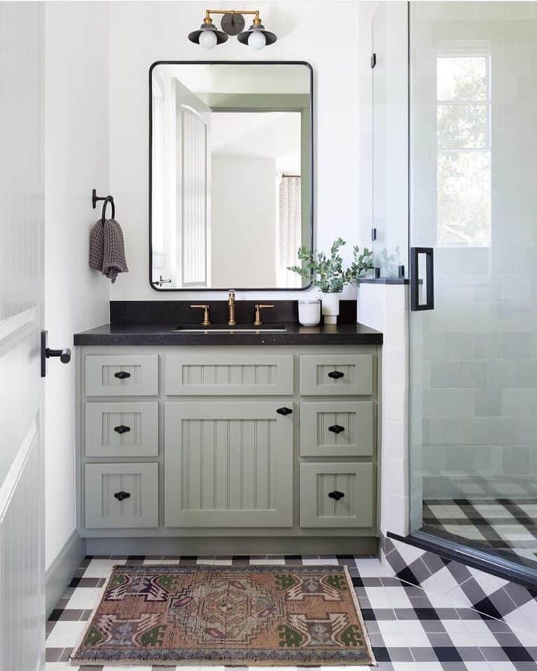 Beadboard Vanity and Plaid Tile Flooring