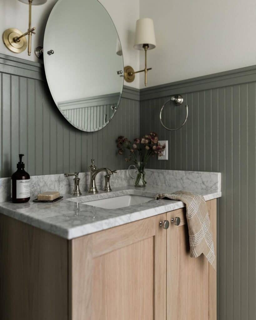 Beadboard Wainscoting in Wood Vanity Bathroom