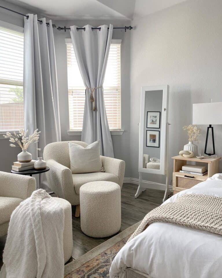 Bedroom Nook with White Fabric Poufs