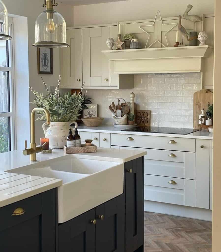 Beige Kitchen Cabinets with Gold Hardware