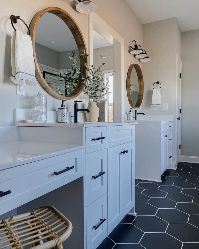 Black Bathroom Floor and Double Vanity