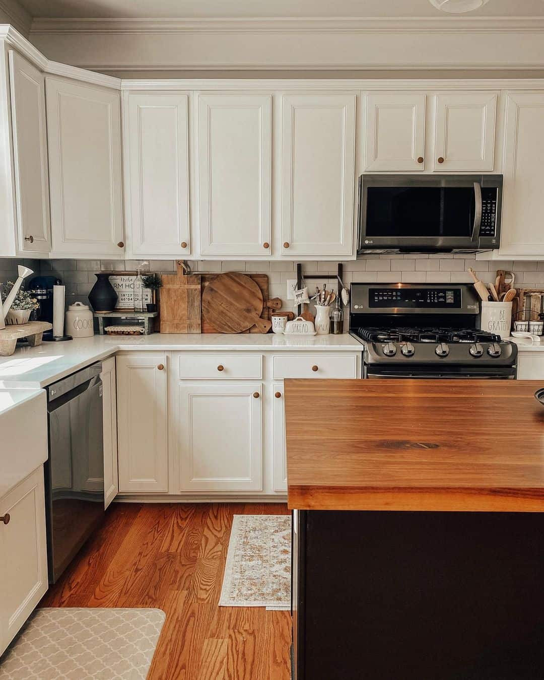 Black Butcher Block Island in a White Farmhouse Kitchen - Soul & Lane