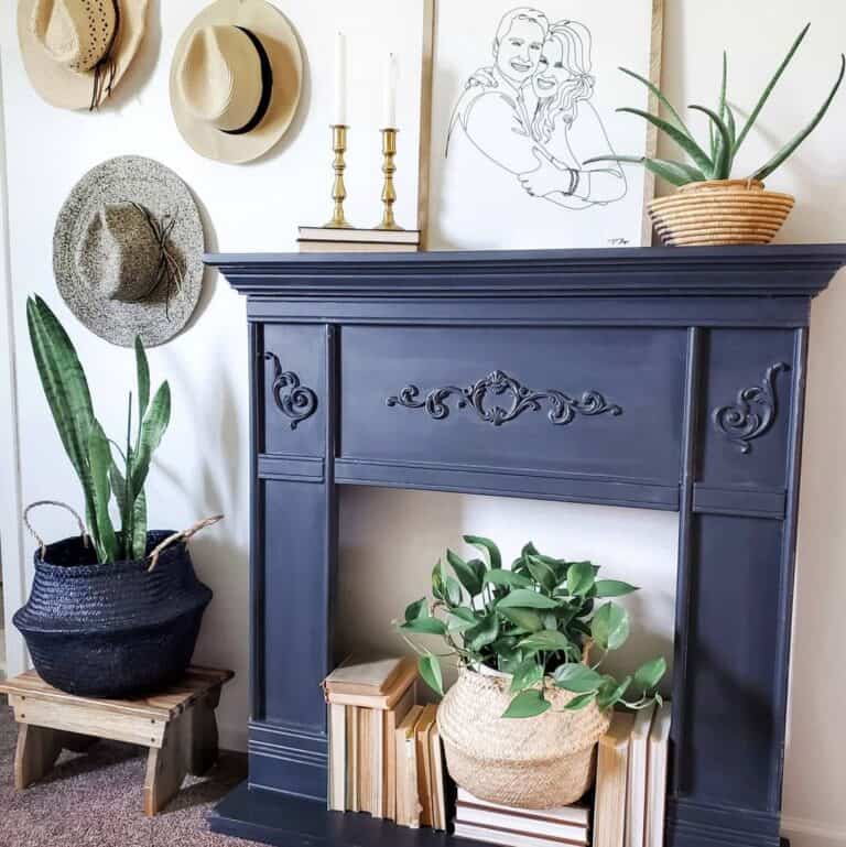Black Faux Fireplace Mantel with Basket Planters