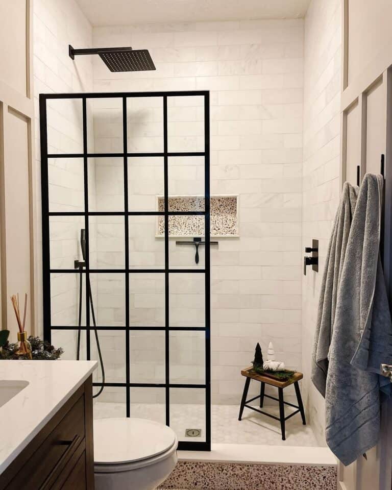 Black Grid Shower with White Shower Niche Trim