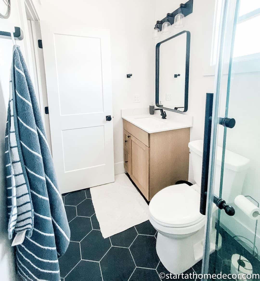 Black Hex Bathroom Floor with Glass Shower Soul & Lane
