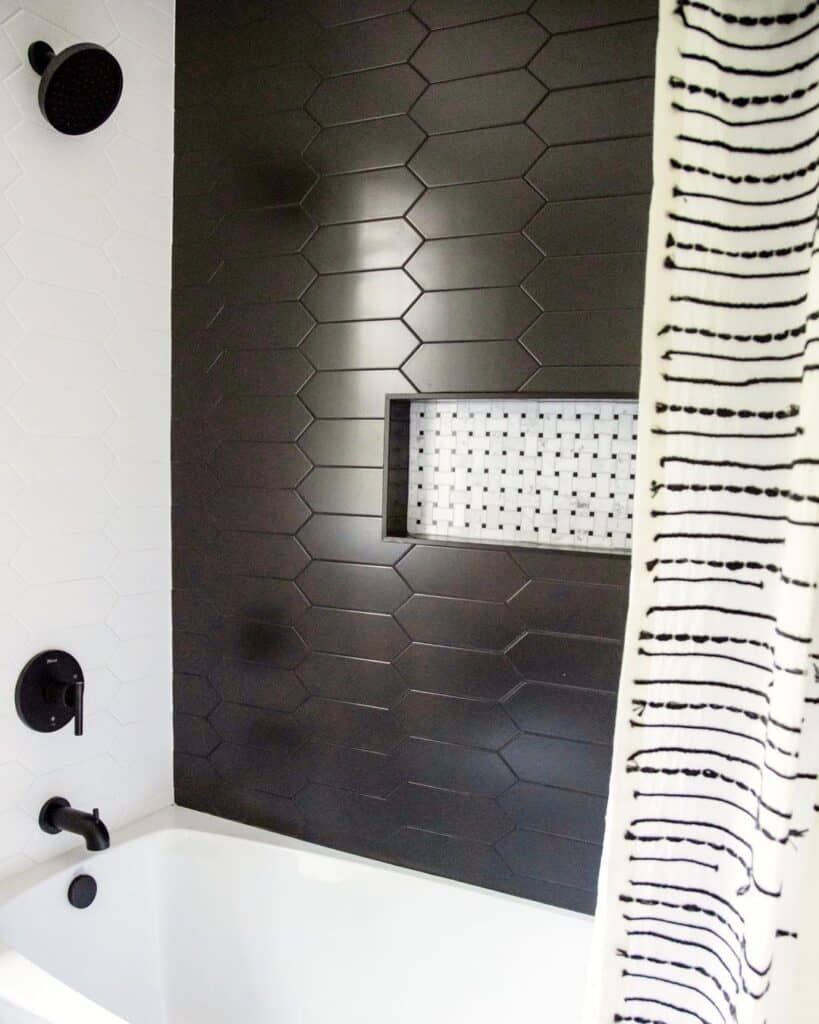 Black Hexagon Tile Shower with Black Niche Trim