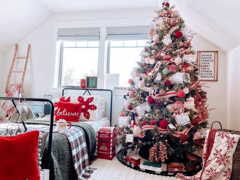 Black Metal Bedframe and Red Ornaments