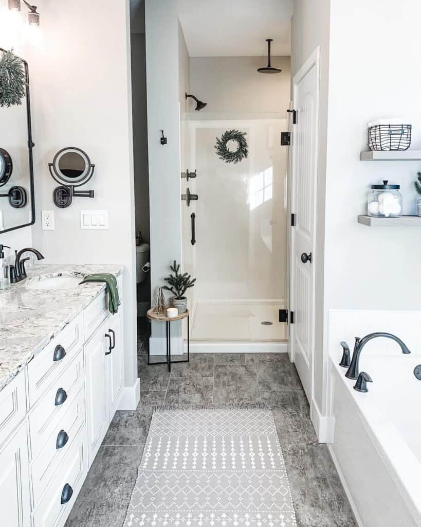 Black Shower Head Set and a Grey Tile Floor