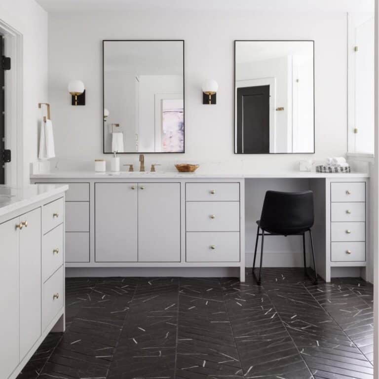 Black Tile Bathroom Floor With White Accents