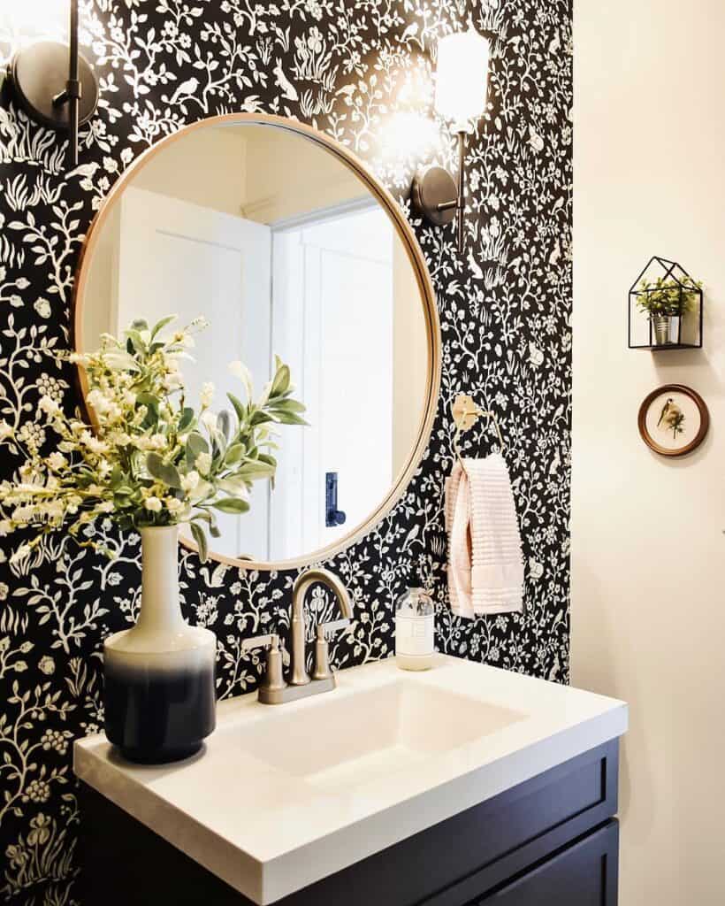 Black Whimsical Bathroom Wallpaper With a Subtle White Design