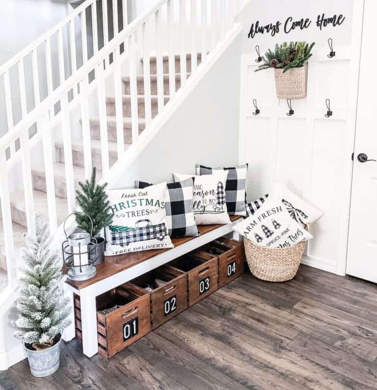Black and White Christmas Throw Pillows in an Entrance Way