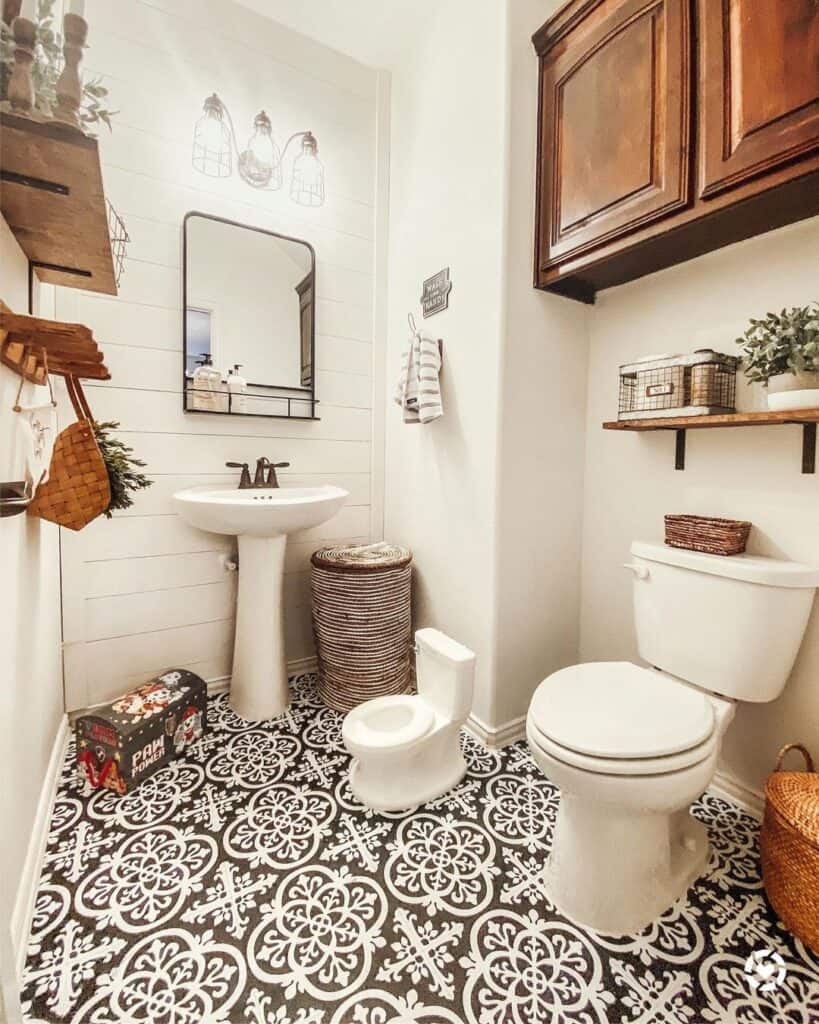 Black and White Tile Bathroom with Wood Accents