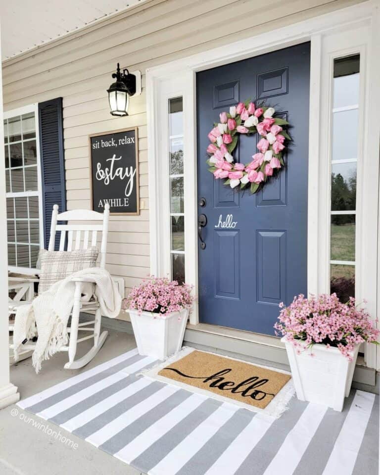 Blue Front Door with Pink Tulip Wreath