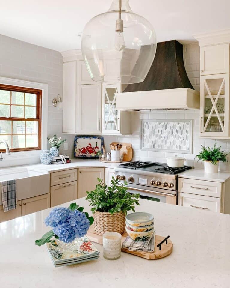 Blue Hydrangeas in Neutral Kitchen