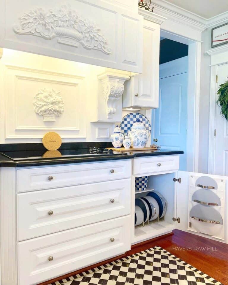 Blue Kitchen Decor Accessories Inside Ornately Carved White Cabinet