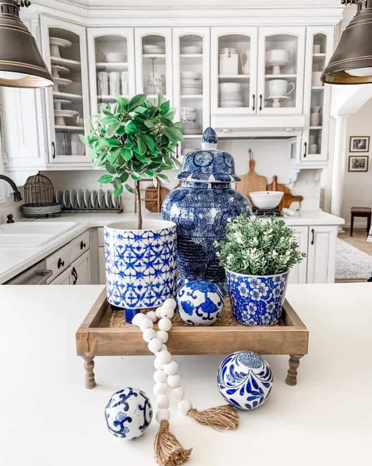 Blue Kitchen Décor on a Wooden Tray