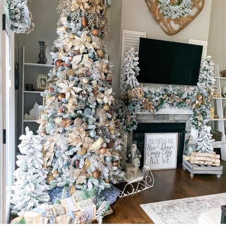 Blue and Gold Christmas Tree Decorations in a Corner