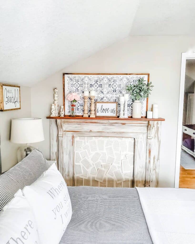 Blue and Gray Bedroom Faux Fireplace Mantel