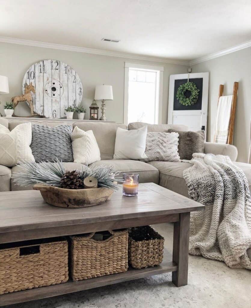 Blue and White Pillow Covers on a Beige Sectional Sofa