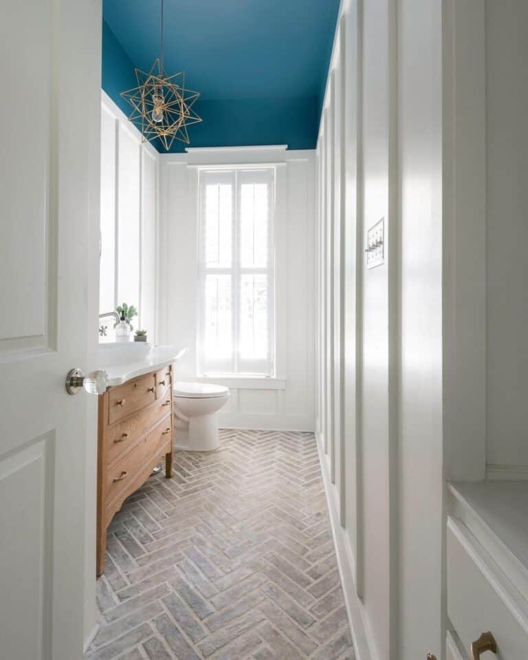 Bold Ceiling in Neutral Bathroom