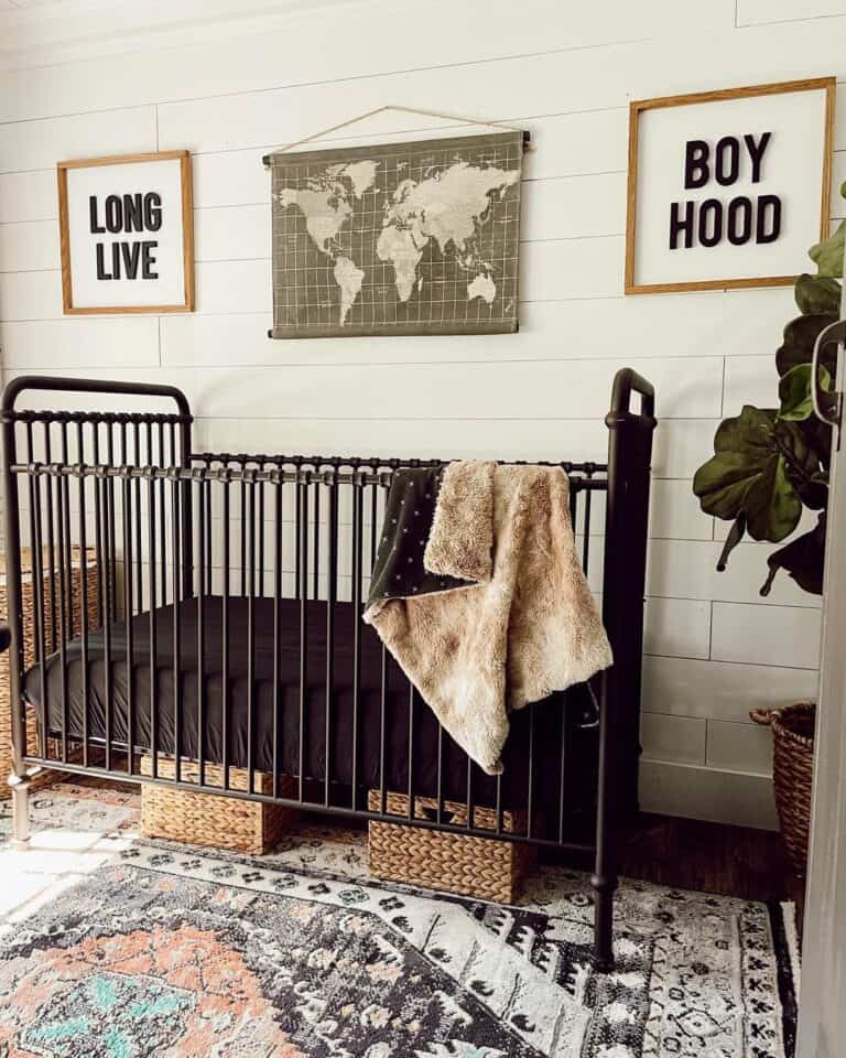 Boy Nursery Rug in White Shiplap Room