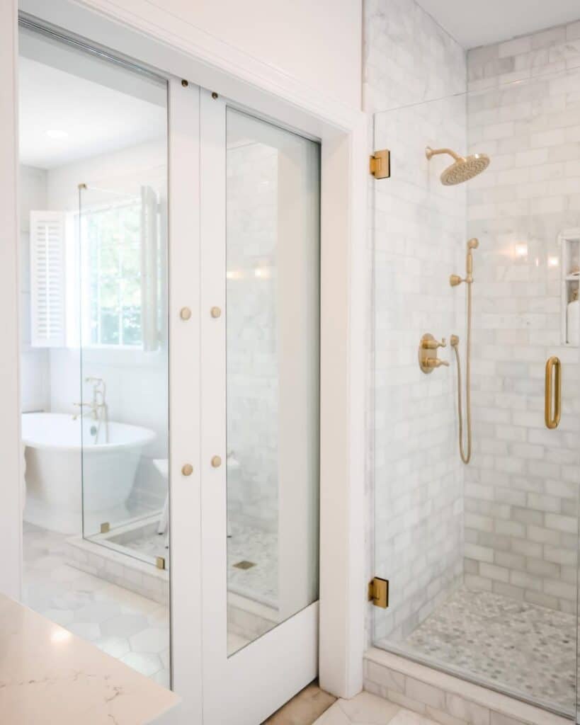 Brass Shower Heads on Random Subway Tile Walls Soul & Lane